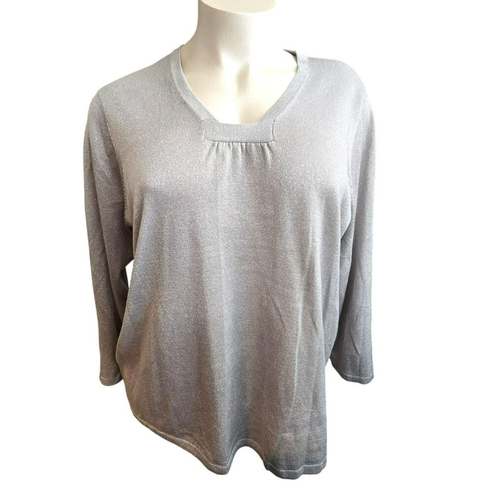 Womens V-Neck Silver Shimmer Long Sleeve Pullover Top Avenue Size 26 28 JJ4081